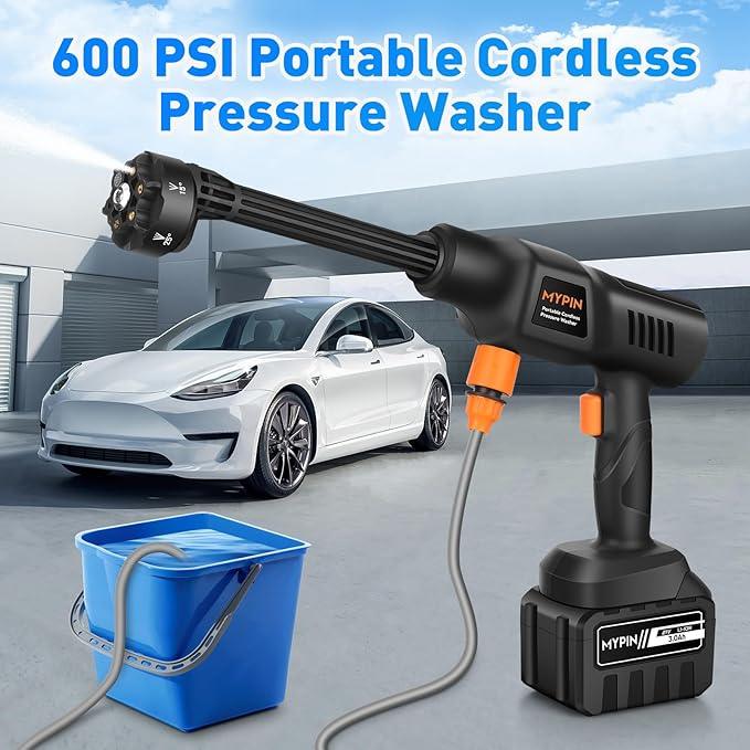 Portable Cordless Pressure Washer, 600 PSI 3.0Ah Rechargeable Battery Powered Pressure Washer, 6-in-1 Nozzle with Standard Nozzle for Car Floor Wall Fence Cleaning, Pet Cleaning - NeatNest