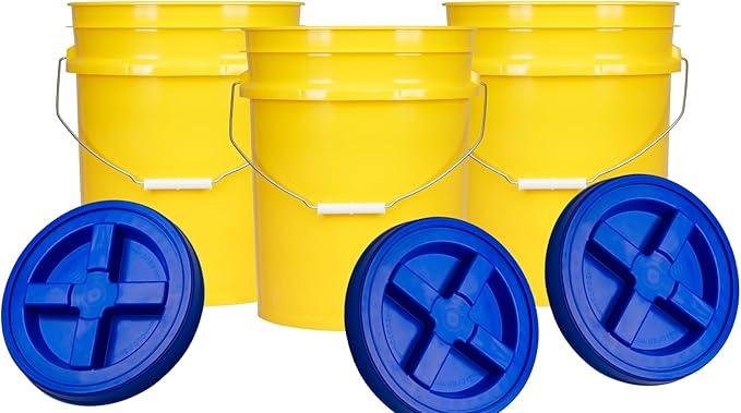 House Naturals 5 Gallon Plastic Yellow Food Grade BPA Free Made in USA Bucket Pail with Air Tight Double Gasket Screw on Lid(Pack of 3) (Yellow and Blue lids) - NeatNest