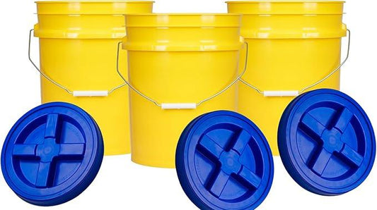 House Naturals 5 Gallon Plastic Yellow Food Grade BPA Free Made in USA Bucket Pail with Air Tight Double Gasket Screw on Lid(Pack of 3) (Yellow and Blue lids) - NeatNest