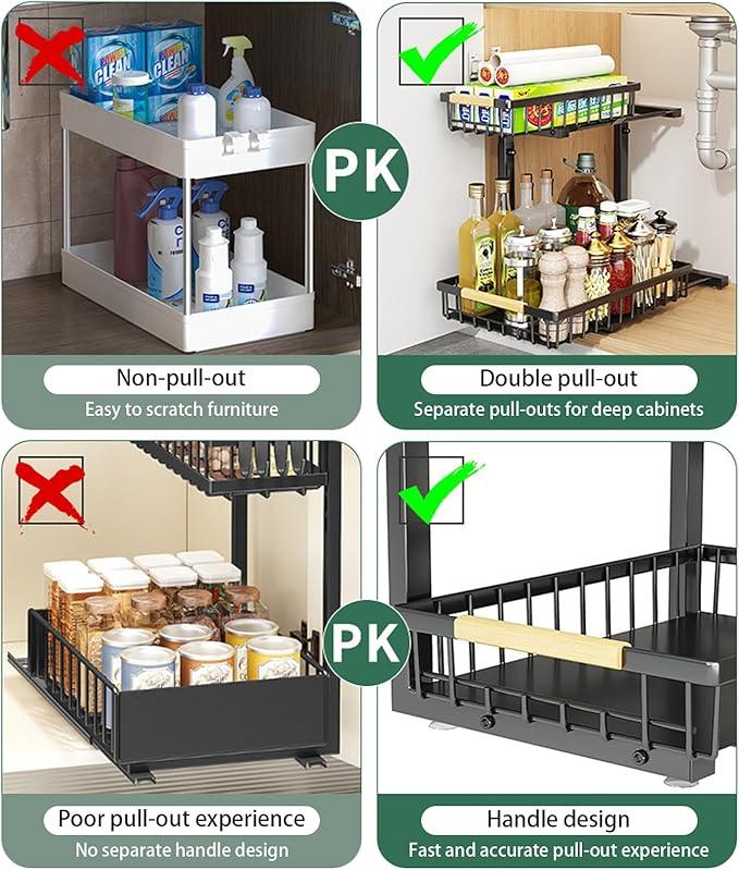2 Pack 2 Tiers Pull Out Under Sink Organizers, Metal Kitchen Storage Shelf, Pull Out Under Sink Storage Rack, Multi-purpose Under Sink Shelf Organizer for Under Sink Cabinet Bathroom Kitchen (Black) - NeatNest