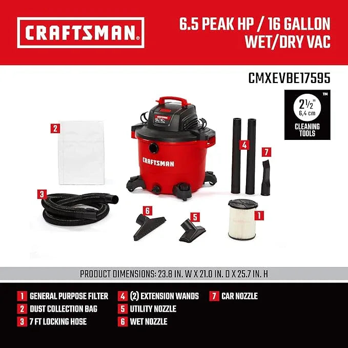 CRAFTSMAN CMXEVBE17595 16 Gallon 6.5 Peak HP Wet Dry Vac, Heavy-Duty Shop Vacuum Wet and Dry with Filter, Dust Bag, Hose and Attachments for Home Projects & Renovations - NeatNest