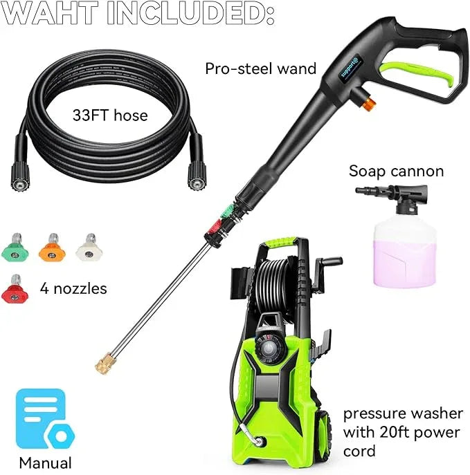 5000 PSI Adjustable Pressure Cleaner, 2025 New Power Cleaner Pressure Adjustable (2500PSI-5000PSI) with 33ft Pressure Hose, 4 Nozzle and Detergent Tank for Cars, Upgraded Green - NeatNest