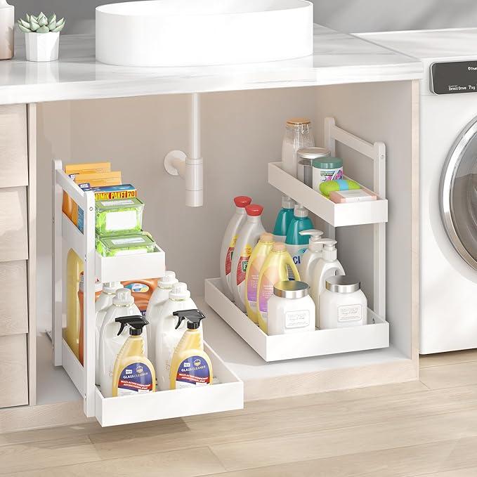 Under Sink Organizer - 1-Tier Pull Out Cabinet Organizer Vertical Slide Out Sink Shelf Storage Shelves for Multi-Purpose Bath Kitchen Bathroom Medicine (White, 1 Pack) - NeatNest