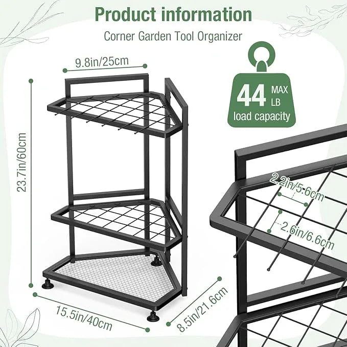Garden Tool Organizer for Corner,Metal Yard Tool Organizer for Long-Handled Tools/Rakes/Brooms,Side Garden Pocket,Heavy Duty Steel Yard Tool Storage Rack for Garage,Shed, Outdoor - NeatNest