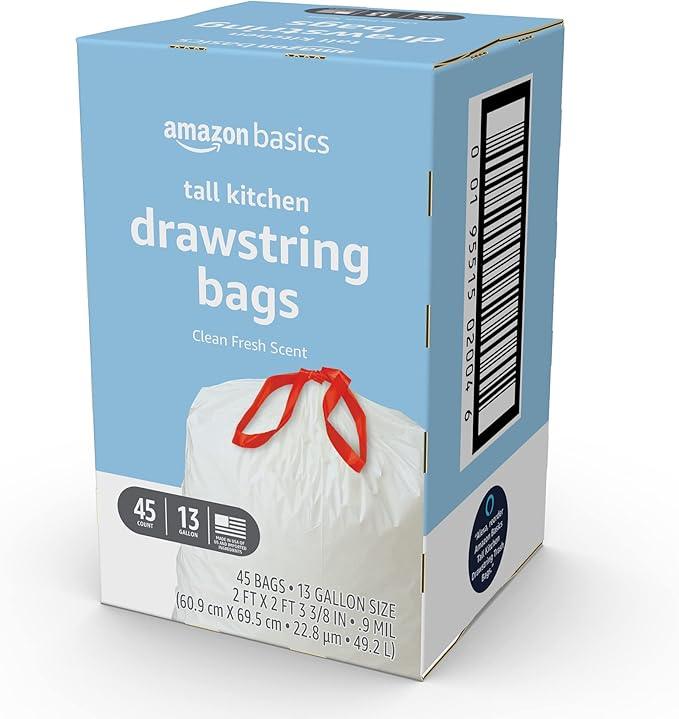 Amazon Basics Tall Kitchen Drawstring Trash Bags, Clean Fresh Scent, 13 Gallon, 45 Count (Previously Solimo) - NeatNest