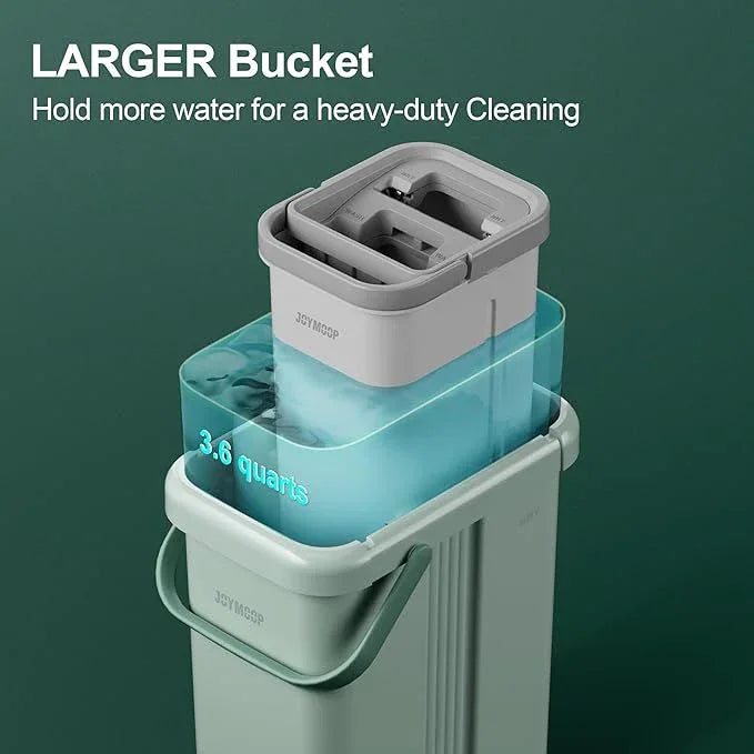 JOYMOOP Mop and Bucket with Wringer Set, Flat Squeeze Mop with Bucket (X-Large), Dust Mop for Wall Cleaner with Long Handle, Microfiber Mop - Green Bucket with 3 Reusable 15" Pads - NeatNest