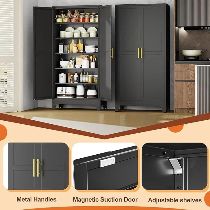 Black Metal Storage Cabinet,75" Steel Cabinets for Home Office, Kitchen Pantry Storage Cabinet with Doors and 5 Adjustable Shelves, Tool Cabinets, for Office, Home, Garage, School, 36W - NeatNest