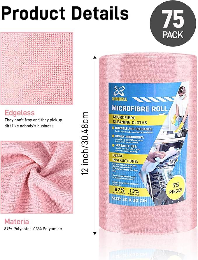 XINDELL Microfiber Cleaning Cloth Roll – 150 Pack 12"x12", Tear-Off Microfiber Towels, Lint-Free, Ultra Absorbent Car Detailing & Cleaning Cloths – Pink - NeatNest