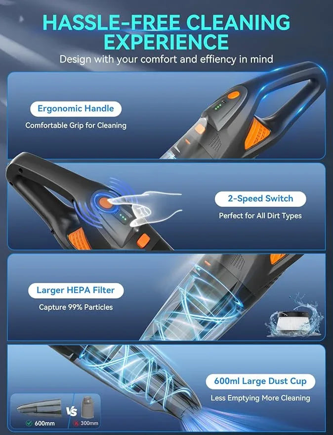 GHUSTAR Handheld Vacuum Cordless - 25000PA Strong Suction Hand Held Car Vacuum Cleaner Portable with Multi-Nozzles - Lightweight Dust Busters Rechargeable for Home Car Office Pets 2 Levels - NeatNest