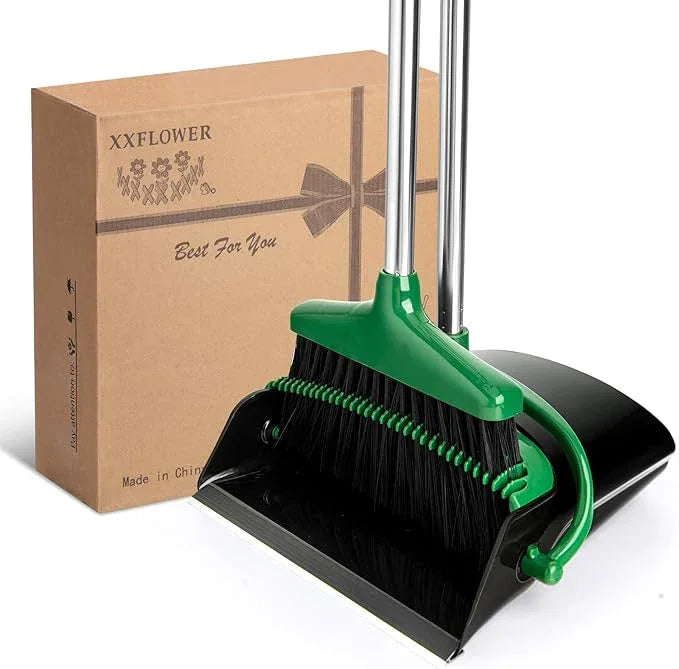 Broom and Dustpan Set with Long Handle, Light Weight Stainless Steel Poles Stand Upright Dustpans with Broom Combo for Home Kitchen Office Pet Dog Hair, 1-Pack(Black Green) - NeatNest