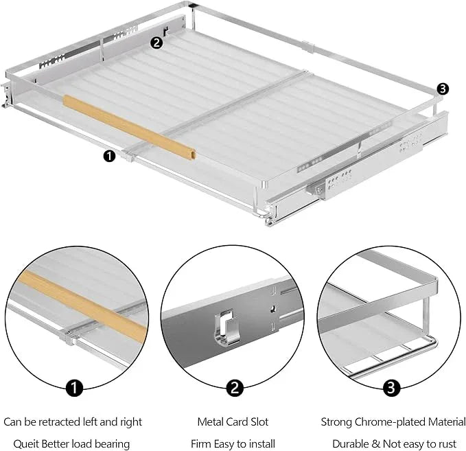 SANNO Pull Out Cabinet Organizer, Slide Out Cabinet Shelf,Under Sink Slide Out Cabinet Organizer, Pots Pans Organizer Smooth Roll,Expandable Width 16.1 to 26.4" W - NeatNest