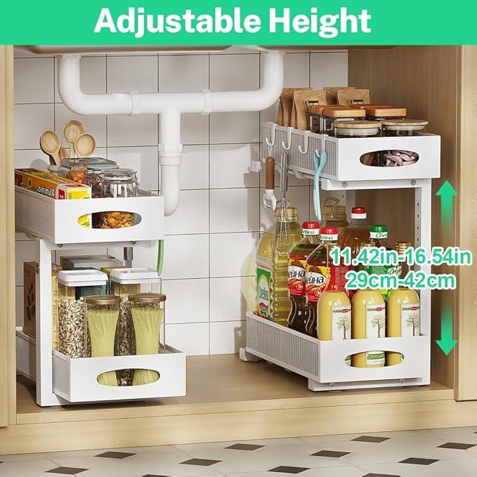 Under Sink Organizer, 2-Tier Pull Out Cabinet Organizer with Adjustable Height, Use in Kitchen Bathroom Cabinet and Countertop Storage, White, 2-Pack - NeatNest
