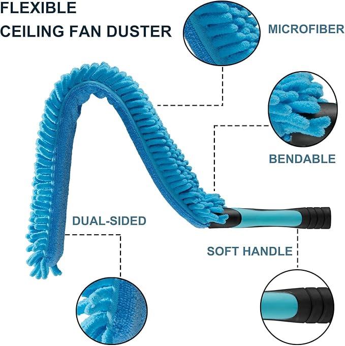 High Ceiling Fan Duster with 5-8 Foot Extension Pole, Extendable Reusable Cobweb, Feather, Window Cleaning Squeegee Kit - NeatNest
