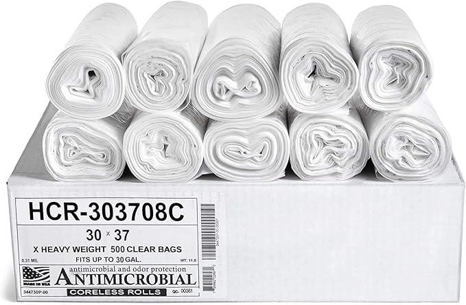 Aluf Plastics HCR-303708C High Density Star Sealed Coreless Roll Bags, 30 gal, Polyethylene, 30" x 37", Clear (1 Pallet of 100 Packs, 50000 Count Total) - NeatNest