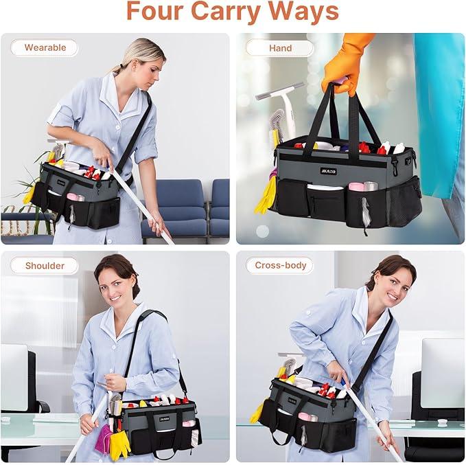 Large Wearable Cleaning Caddy Bags,Cleaning Supplies Storage Bag with Handles and Adjustable Shoulder Strap and Removable Waist Straps,Waterproof Cleaning Bags for Home,Car,Office (Gray) - NeatNest