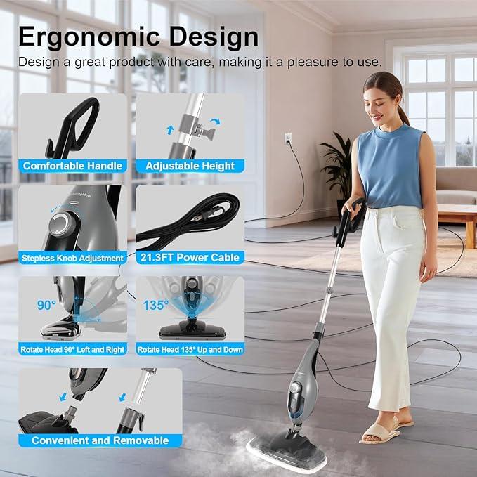 11-in-1 Steam Mop, 1550W Powerful Handheld Steam Cleaner, 260°F Multi-Functional Floor Steamer with 21.3FT Cord for Floors, Hardwood, Tiles, Grout, Windows, Kitchen, Bath, Adjustable (Grey) - NeatNest