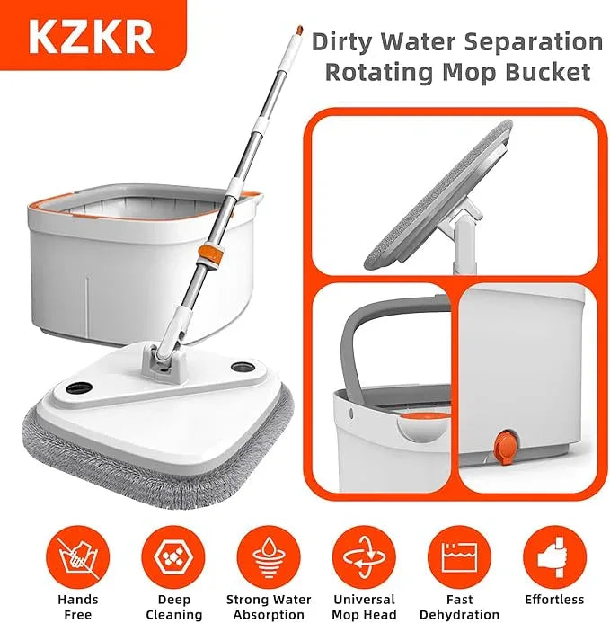 KZKR Spin Mop and Bucket Set with Self Separation Dirty and Clean Water System, Self Wringing 360° Rotating Square Mop Head for Home Floors Cleaning (1.0 Mop and Bucket Set (8 Pads)) - NeatNest