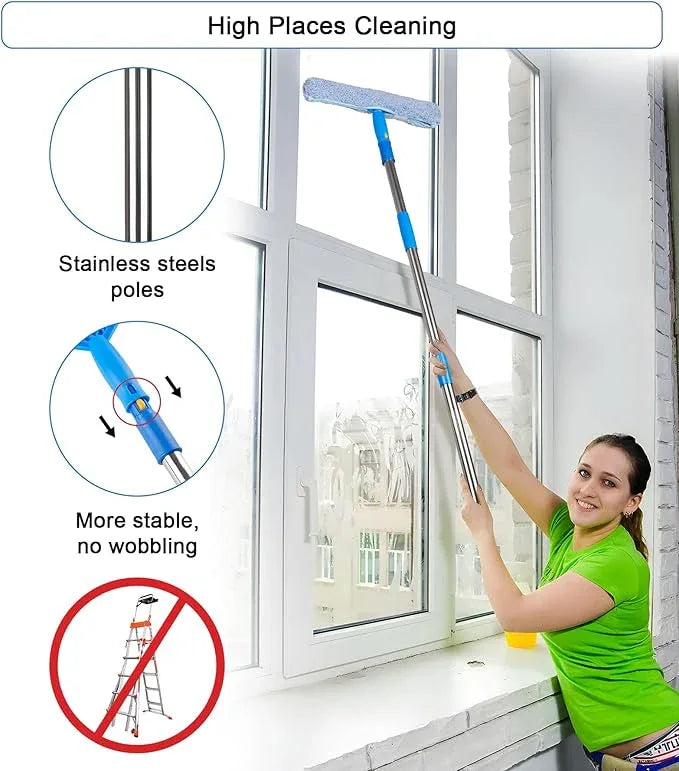 Window Squeegee Cleaner with 4 Stainless Steel Extension Poles,Long Reach to 58inch, Scrubber, Glass Scraper, Bendable Duster, 2 Scrubber Cloth for Window, Car, Professional Cleaning Kit - NeatNest
