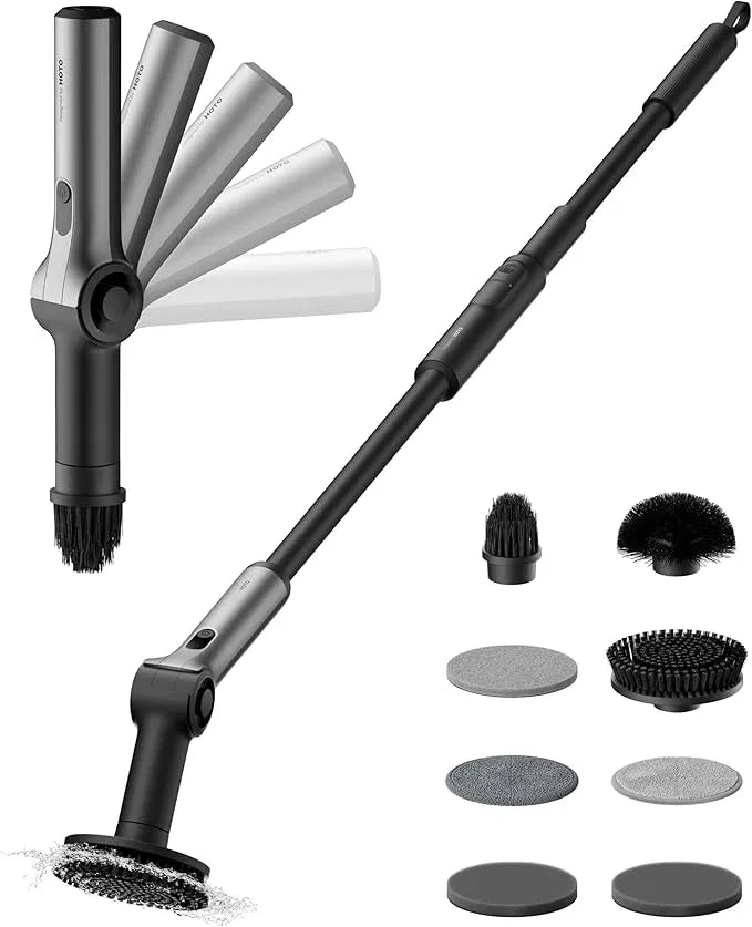 HOTO Flexi™ Cordless Electric Spin Scrubber, Adjustable Angle, Extendable Handle, Smart Display, IPX7 Waterproof, Powerful Cleaning Scrubber with 8 Replaceable Brush Heads, for Bathroom, Tile, Bathtub - NeatNest