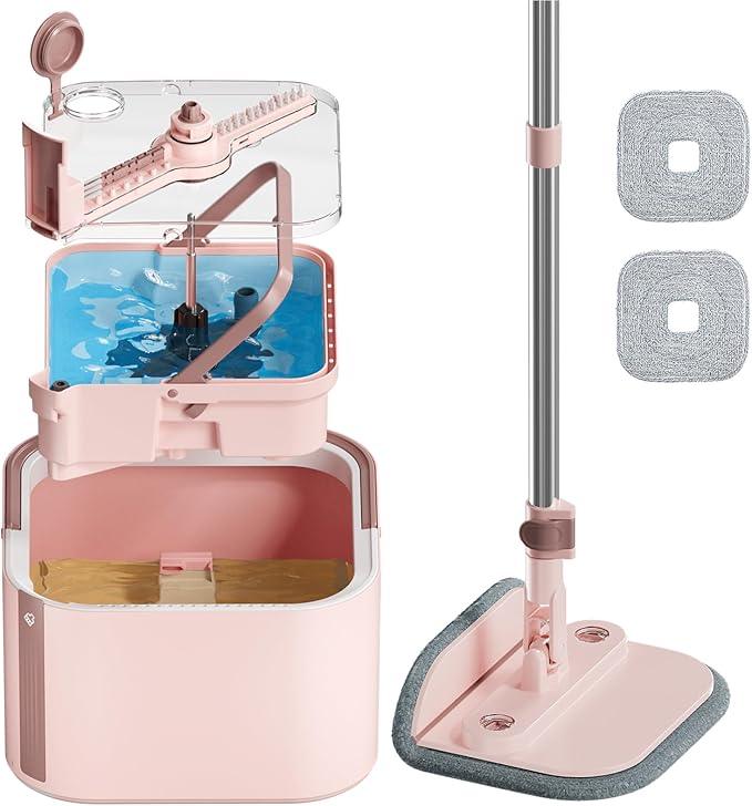 Upgraded Self-Standing Spin Mop and Bucket System, Detachable Inner Mop Bucket Separates Dirty Water & 90° Foldable Head, Triple-Scrub System, 0.9Gal Dual Drainage, for Hardwood Floors (Pink 2 Pads) - NeatNest
