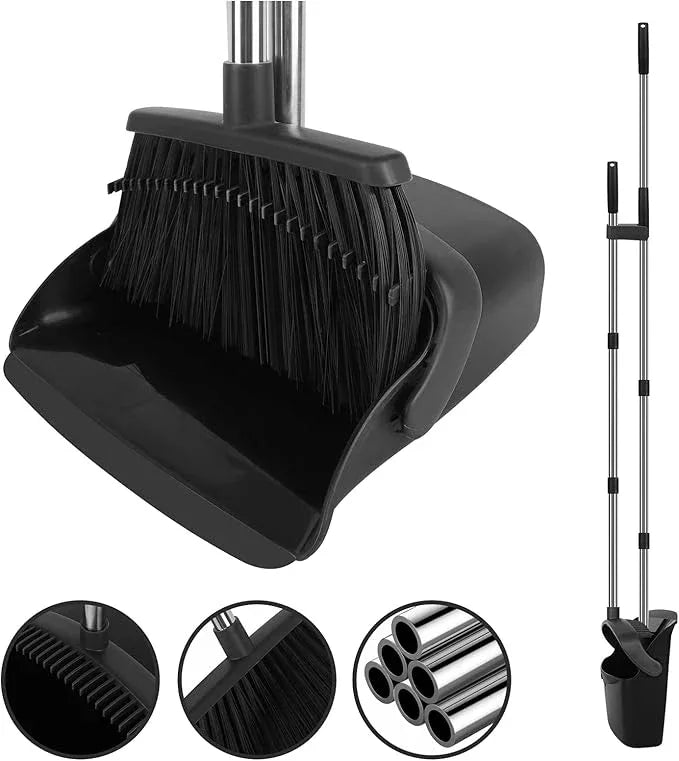 Broom and Dustpan Set, Large Household Broom with Dustpan Combo Set, 55" Long Handle Black Dust Pan Kit for Kitchen Lobby Office Indoor Outdoor - NeatNest