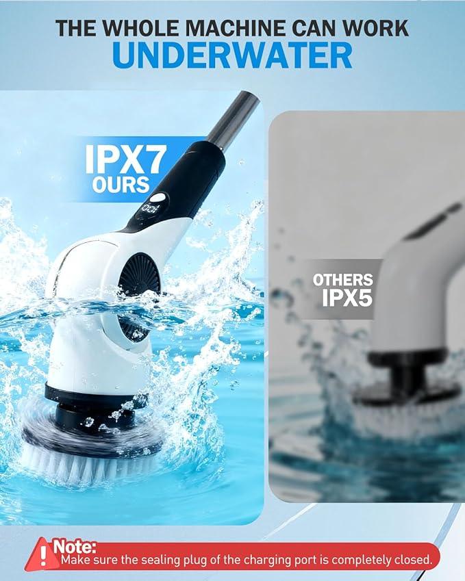 Electric Spin Scrubber, 3-Speed Cordless Shower Scrubber with 90° Adjustable & 10 Replaceable Brush Heads, 90 Mins Runtime & Full-Body IPX7 Waterproof Shower Cleaner Brush with Long Handle - NeatNest