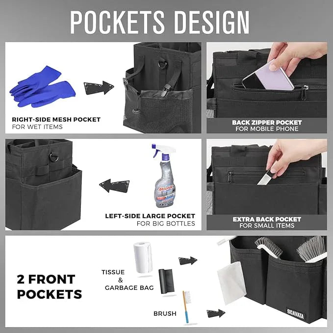 Compact Wearable Cleaning Caddy, Small Supplies Organizer with Handle & Shoulder Straps for Housekeepers, Under Sink & Car Cleaning Tool Organizer Bag (Black) - NeatNest