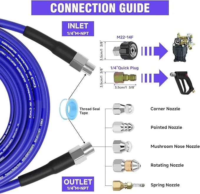 NIFUAL 100FT Sewer Jetter Kit for Pressure Washer, 5800PSI Drain Cleaner Hose 1/4 Inch NPT Corner, Rotating and Button Hose Sewer Jetting Nozzle Waterproof Tape Pearl Corsage Pin Spanner Glove - NeatNest