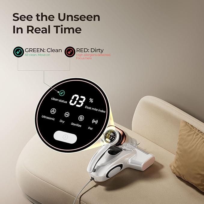 JIGOO Bed Vacuum Cleaner with Dust Sensor, Mattress Vacuum Cleaner with UV & Ultrasonic and High Heating, 13Kpa Suction 500W Powerful Double-Cup Handheld Vacuums (J300, Corded) - NeatNest