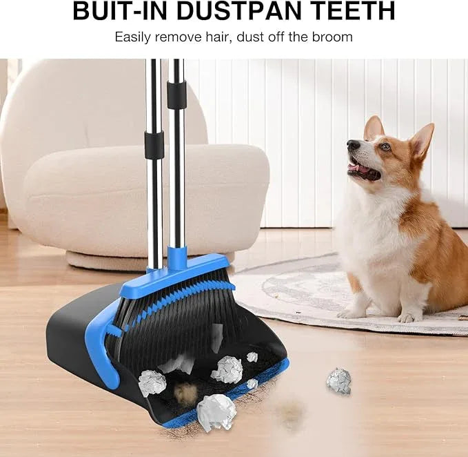 Broom and Dustpan Set, 52-in Long Adjustable Handle Broom Dustpan Combo with Dust pan Teeth to Automatically Clean Hair Suitable for Home Kitchen Office Hall Floor (Black&Blue), 4 Pack - NeatNest