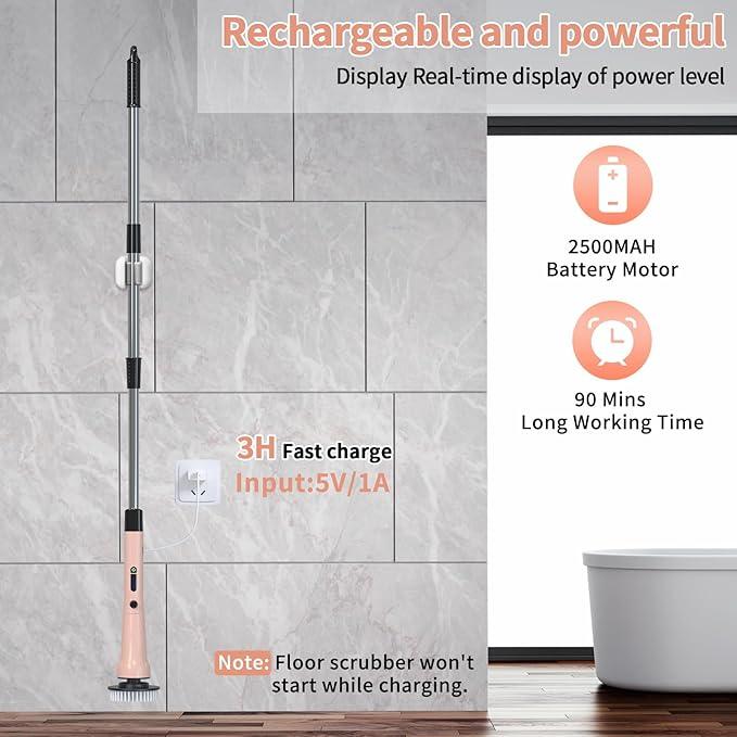 Electric Spin Scrubber, Hillyfe Bathroom Scrubber Electric with 7 Replaceable Brush Heads, IPX7 Waterproof,300/400 RPM, 3 Adjustable Length,Scrubber Brush Electric for Bathtub Floor,Pink - NeatNest