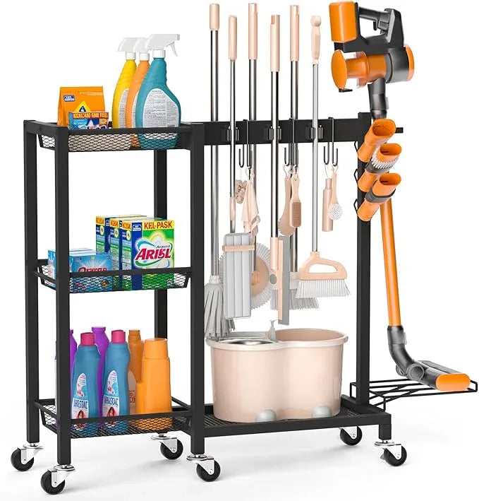 Broom Holder with Cleaning Supplies Organizer Load 350 LBS Cleaning Cart with Wheels Broom Closet Storage with 3-Tier Shelves, 6 Mop Hanger Grippers, 3 Double-Hooks, Vacuum Stand for Laundry Garage - NeatNest