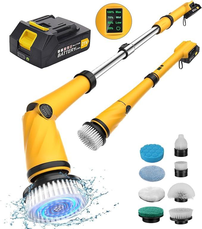Qimedo Upgrade 1200 RPM Battery Electric Spin Scrubber, Highly Powerful Cordless Cleaning Brush with Smart Display, Electric Tile Floor Scrubber with 8 Brushes, Battery Powered Shower Scrubber - NeatNest