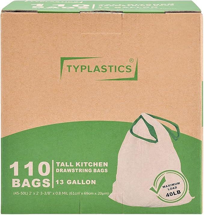 TYPLASTICS Tall Kitchen Drawstring Trash Bags, 13 Gallon, 110 Count - NeatNest
