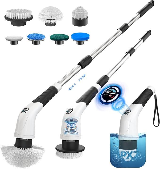 Cordless Electric Spin Scrubber, IPX7 Waterproof Rechargeable Power Cleaning Brush with 4000mAh Battery, 210min Runtime, 7 Brush Heads, 3 Adjustable Speeds, for Shower, Tub, Tile, Kitchen, Floor - NeatNest