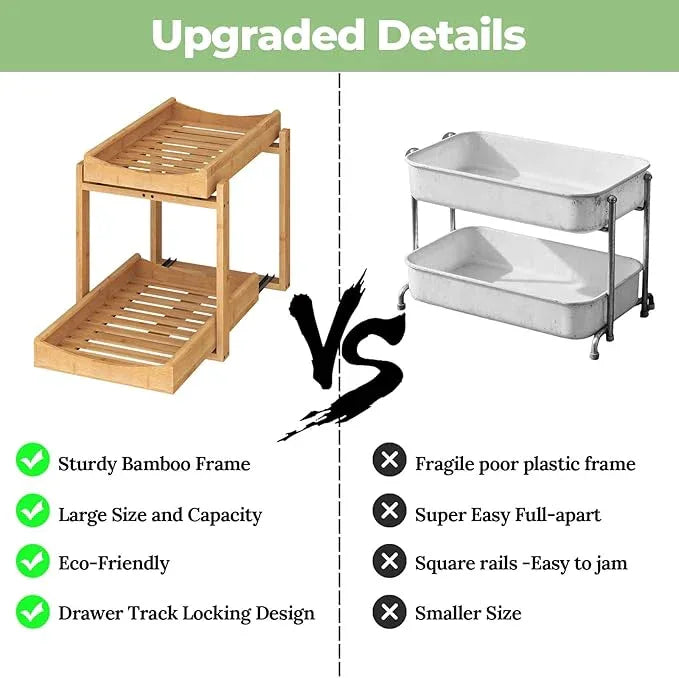 Bamboo Under Sink Organizer and Storage, 2 Pack Pull Out Cabinet Organization, 2 Tier Vertical Slide Out Undersink Storage Shelf, Multi-Purpose Organizer Shelves for Kitchen Bathroom Medicine - NeatNest
