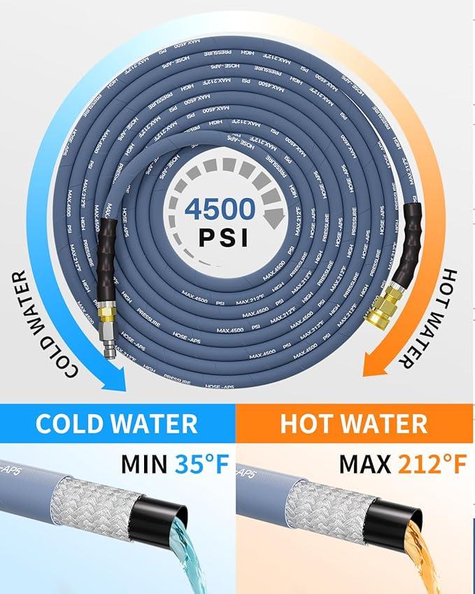 Pressure Washer Hose 150FT 3/8" for Cold and Hot Water 212°F, with Swivel Quick Connect, 4500PSI Kink Resistant Grade Steel Wire Braided, Power Washer Hose With 2pcs M22-14mm Adapter - NeatNest