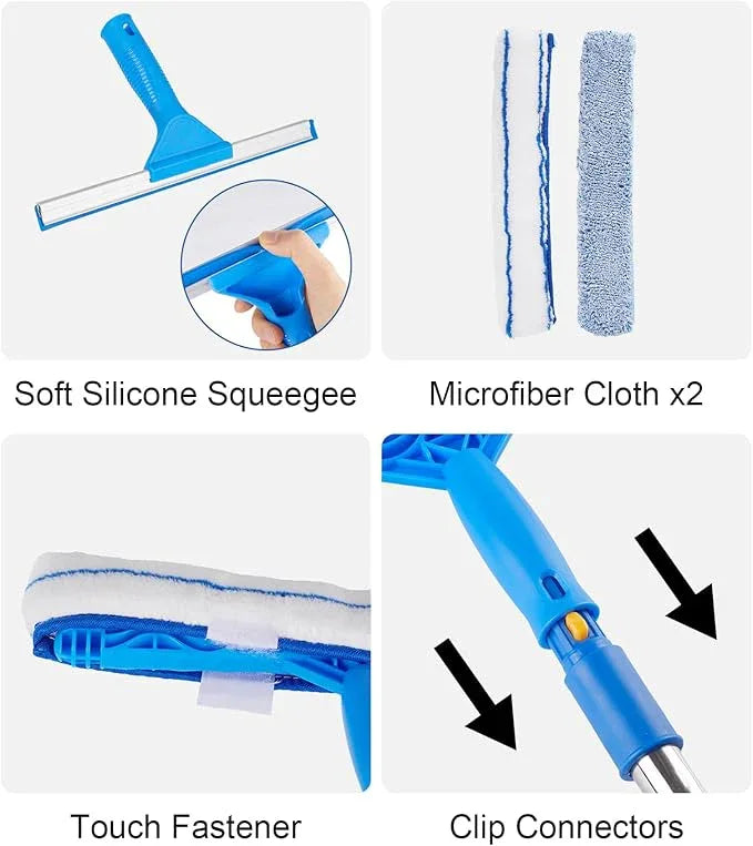 Window Squeegee Cleaner with 4 Stainless Steel Extension Poles,Long Reach to 58inch, Scrubber, Glass Scraper, Bendable Duster, 2 Scrubber Cloth for Window, Car, Professional Cleaning Kit - NeatNest
