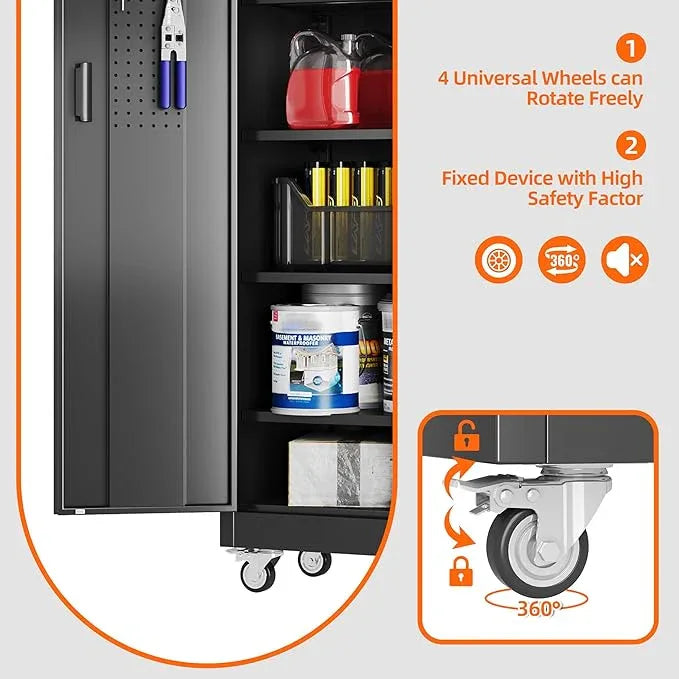 SUXXAN Garage Storage Cabinet with Wheels Pegboard and 5 Adjustable Shelves, 71'' x 32'' x 16''Metal Lockable Cabinet with Magnetic Doors,Tool Storage,Home Office Garage,Gym,School (Black) - NeatNest