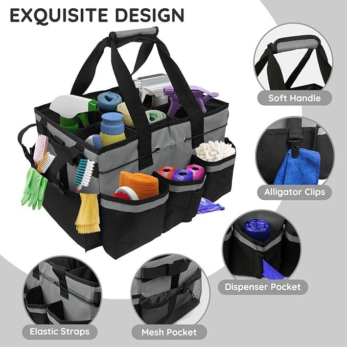 ZKOO Large Cleaning Caddy Bag with Handle, Built-in Sturdy Support Board, Adjustable Shoulder Strap, Multi-compartment Design Cleaning Supply Tote for Cleaners & Housekeepers (Gray) - NeatNest