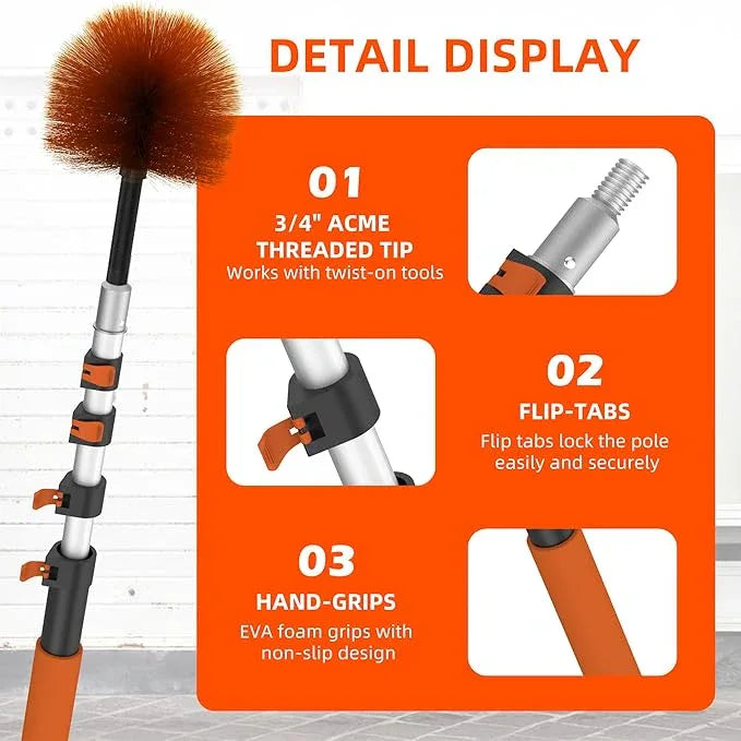 26 FT Cobweb Duster with Extension Pole, Cobweb Duster with 5-20FT Telescoping Extension Pole, Cleans Spider Webs, Washable & Reusable for High Ceilings, Fans & Outdoor & Indoor Cleaning - NeatNest