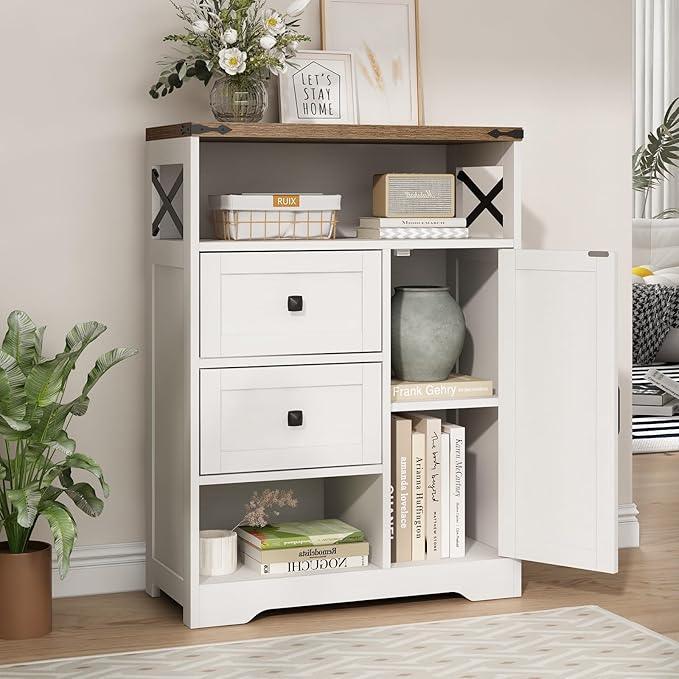 Fameill White Farmhouse Storage Cabinet with 2 Drawers & Shelves,Freestanding Kitchen Cabinet with Doors,Floor Storage Organization for Living Room,Bathroom,Laundry - NeatNest