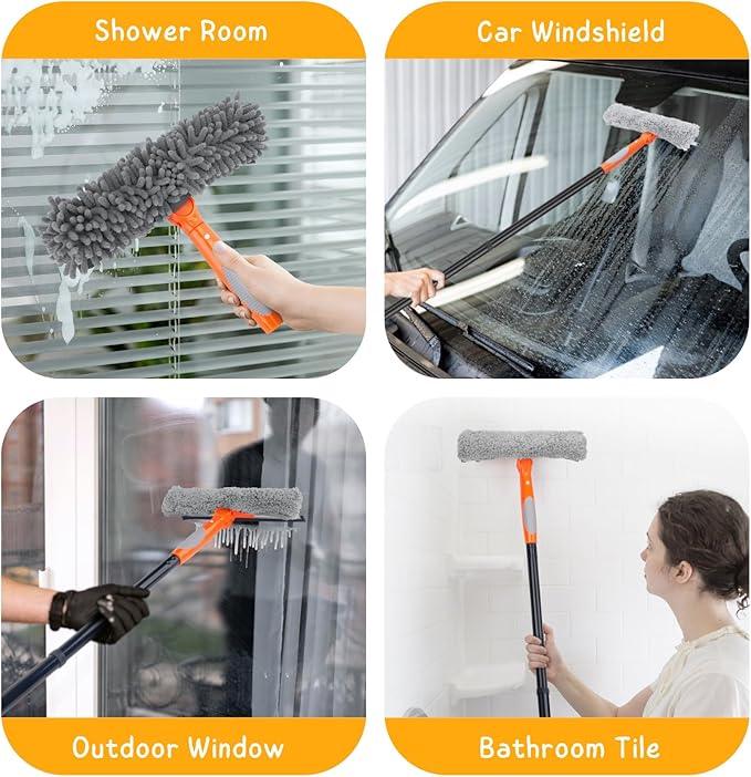 Window Cleaner Tool for Home, 59.5'' Squeegee Kit for Car Windshield, Shower Door, Mirror Cleaning, 2 in 1 Outdoor Glass Washer with Extension Pole - NeatNest
