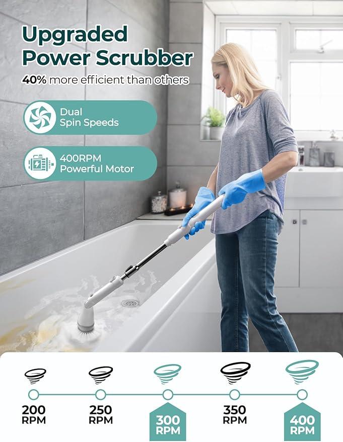 Sweepulire Electric Spin Scrubber for Cleaning, Shower Scrubber with Long Handle, 2 Spin Speeds, Bathroom Scrubber with 8 Replacement Heads, Bath Tub Cleaner Brush for Floor, Tub, Shower, Tile - NeatNest