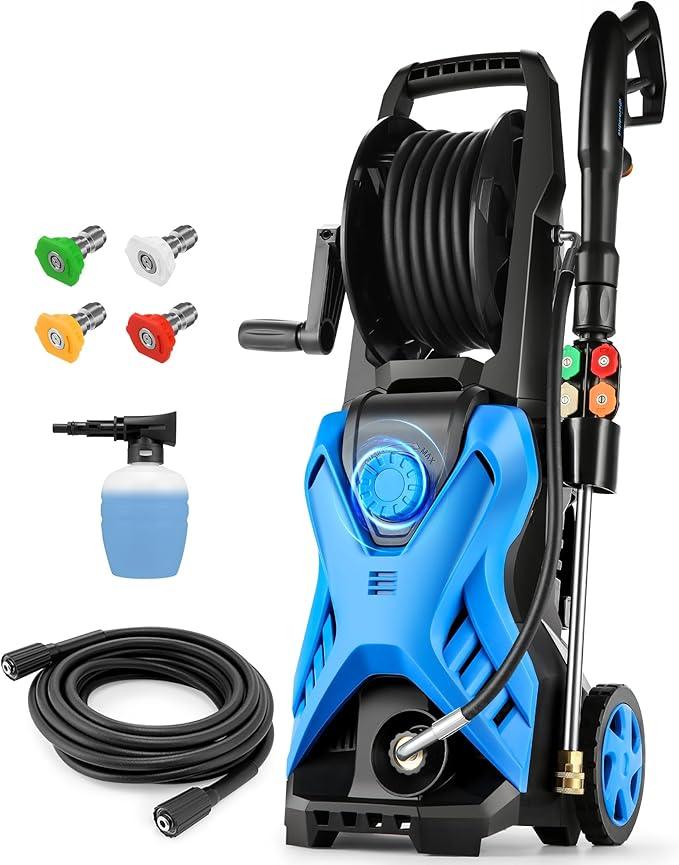 Electric Pressure Washer, 2.8 GPM High Power Washer Adjustable Pressure 2500PSI-5000PSI with 33FT Extension Hose Reel, 4 Nozzles and Soap Bottle for Cars/Fences/Driveways - NeatNest