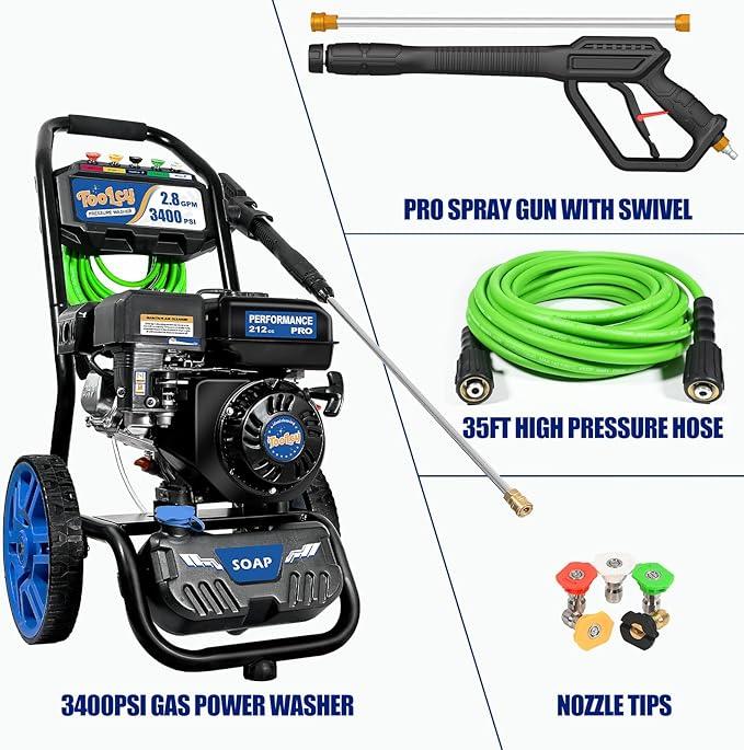 TOOLCY 3400 PSI Gas Pressure Washer, 2.8 GPM Gas Powered Power Washer with Soap Tank, Reinforced Pump & 212cc OHV Engine, 35 FT Pressure Hose, Quick Connect Swivel Pressure Gun, 5 Nozzles for Homes - NeatNest