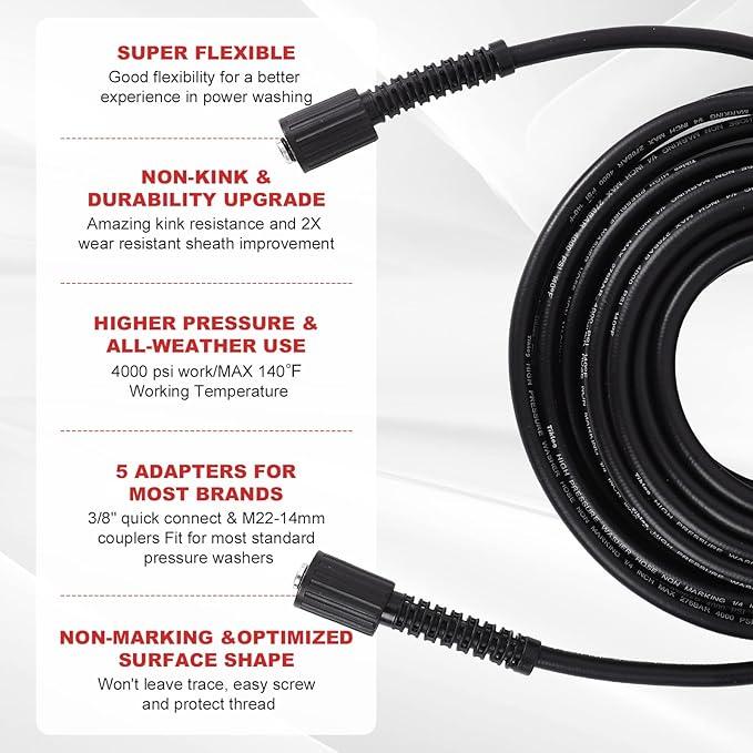 Pressure Washer Hose 50FT 1/4”, 4000 PSI Kink Resistant High Pressure Hose M22 14mm Thread, Flexible Extension Replacement Hose with 3/8 Quick Connect Adapters for Power Washing - NeatNest
