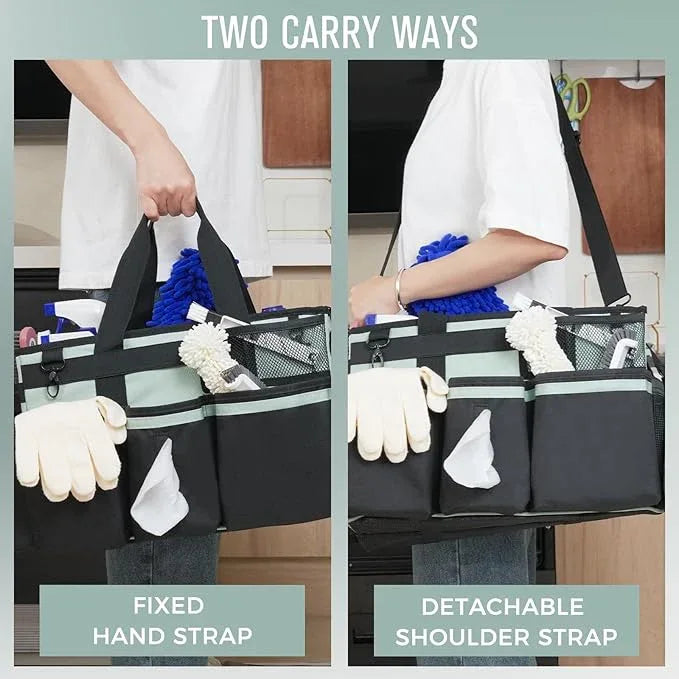 Wearable Cleaning Caddy, Cleaning Caddy Supplies Organizer with Handle & Shoulder Straps for Housekeepers, Under Sink & Car Cleaning Tool Organizers Bag with 4 Foldable Divider (Celadon) - NeatNest