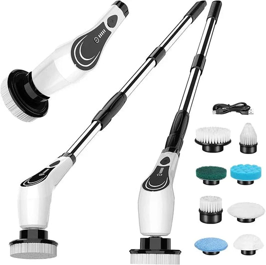White Electric Spin Scrubber, Cordless Spin Scrubber with 8 Replaceable Brush Heads, Electric Scrub Brush with Adjustable Extension Handle, Electric Cleaning Brush for Bathroom, Tile and Bathtub - NeatNest