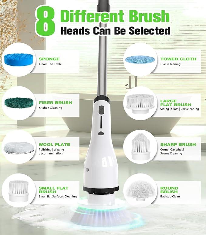Electric Spin Scrubber for Cleaning, Cordless IPX5 Waterproof Bathroom Shower Scrubber Brushes with 9 Head, 1.5H Power Dual Speed Cleaner with Extendable Handles for Bathtub Floor Kitchen Wall - NeatNest